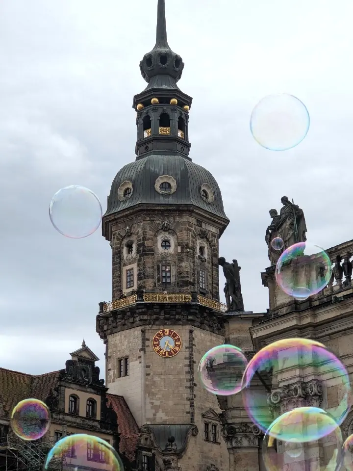Hausmannsturm with colorful soap bubbles in front