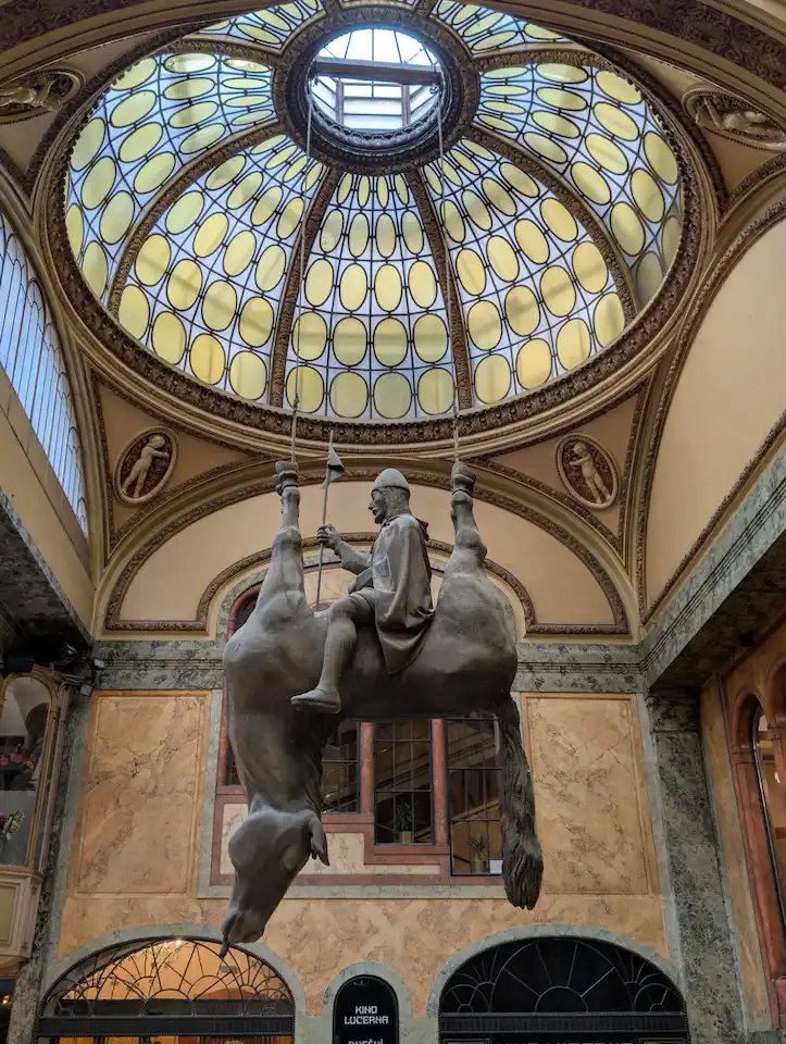 Statue of King Wenceslas riding an upside-down dead horse